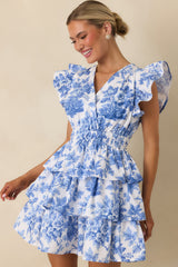 Prosperina Bridget Blue & White Cotton Floral Ruffle Tiered Mini Dress