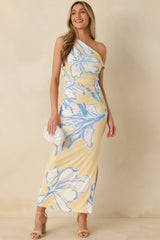 Minkpink Esme Yellow & Blue Floral Asymmetric Mesh Maxi Dress