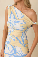 Minkpink Esme Yellow & Blue Floral Asymmetric Mesh Maxi Dress