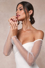 Eternally Beloved White Mesh Off-the-Shoulder Pearl Maxi Dress