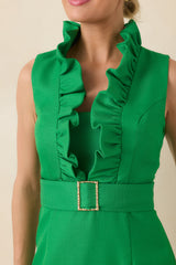 Prosperina Mercedes Green Cotton Ruffle Belted Mini Dress