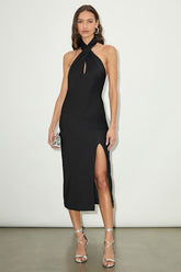 Beyond Classy Black Satin Halter Midi Dress