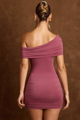 Off-Shoulder Draped Mini Dress in Rose Brown