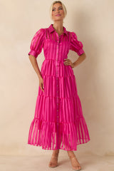 Fiercely Yours Fuchsia Pink Sheer Stripe Tiered Button Up Maxi Dress