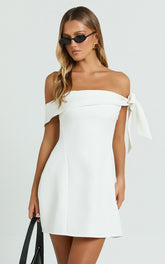 Cecilia Mini Dress Off Shoulder Tie Detail Dress in White