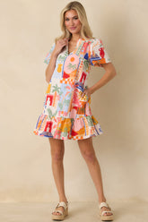 A Place In The Sun Orange & Pink Multi Cotton V-Neck Mini Dress