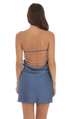 Satin Pearl Open Back Dress In Slate Blue