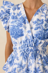 Prosperina Bridget Blue & White Cotton Floral Ruffle Tiered Mini Dress