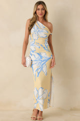 Minkpink Esme Yellow & Blue Floral Asymmetric Mesh Maxi Dress