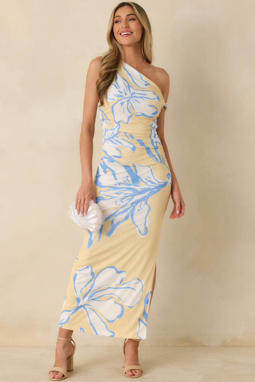 Minkpink Esme Yellow & Blue Floral Asymmetric Mesh Maxi Dress