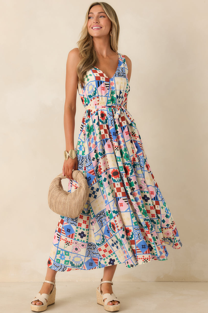 Frnch Consordia Multi Patchwork Print Sleeveless Midi Dress