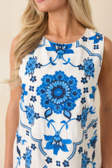 Coastal Mosaic Ivory & Blue Embroidered Mini Dress