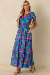 Postcards From Paradise Blue Multi Cotton Tropical Mosaic Print Tiered Maxi Dress