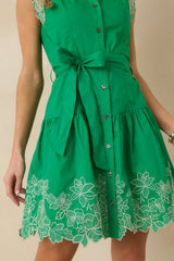 The Way Forward Spring Green Cotton Floral Embroidered Button Down Mini Dress