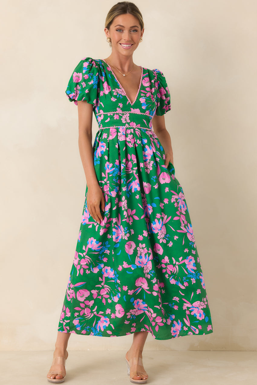 What A Dream Green Multi Floral Cotton Open Back Maxi Dress
