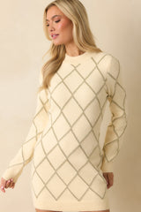 Bright On Arrival Ivory Knit Metallic Argyle Sweater Dress